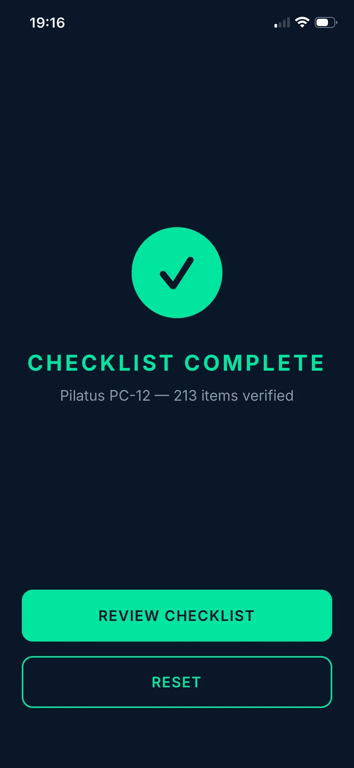 Checklist complete screen confirming every item is verified