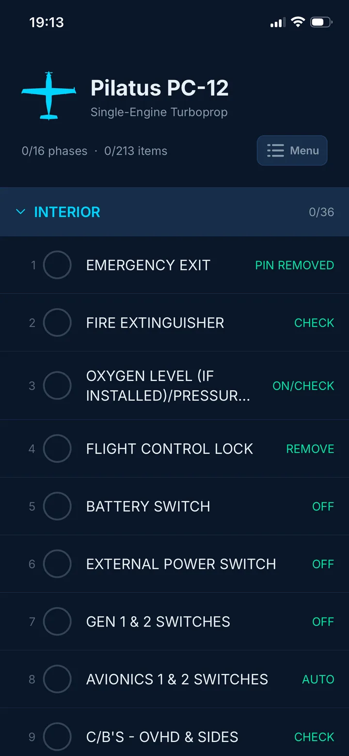 PC-12 checklist overview showing flight phases and items